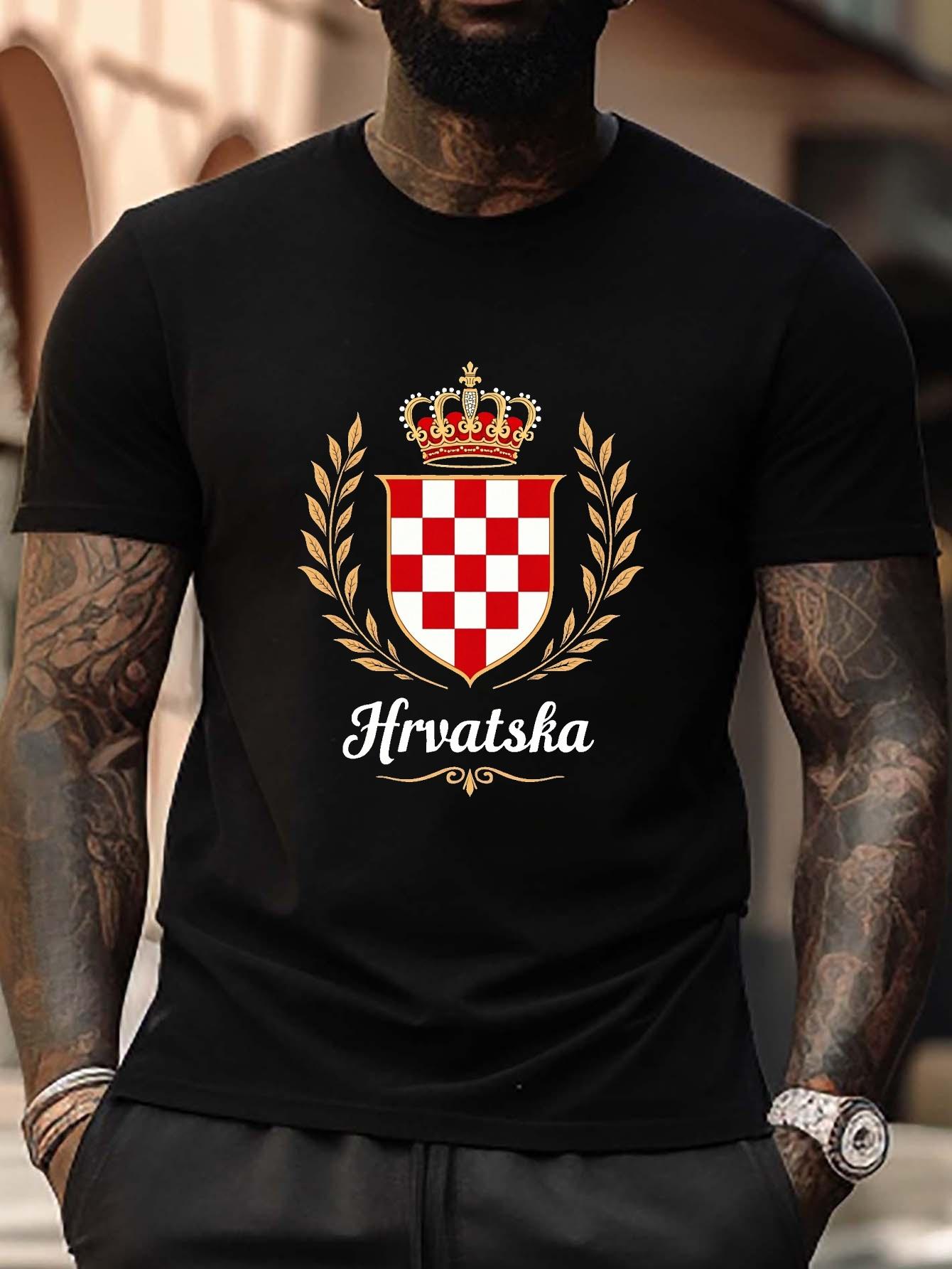 Plus Size Croatian Shield Graphic T-shirt - Casual Crew Neck M