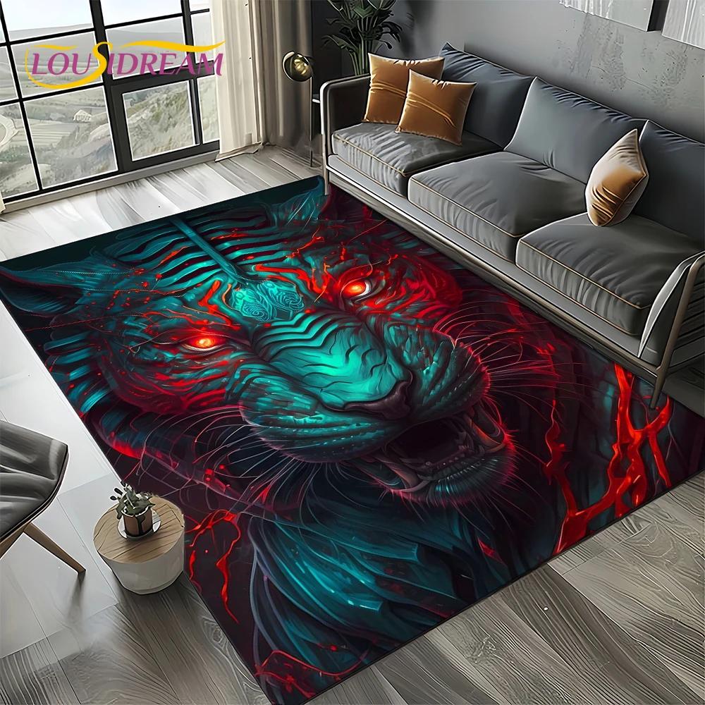 Wilder Tiger Löwe Leopard Biest Tier Wildtier Cartoon Teppich Teppich für Wohnzimmer Schlafzimmer Sofa Dekoration, Rutschfeste Bodenmatte