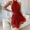 Women Halter Sleeveless Dress Ruffle Layered Swing Dress Loose Lightweight Elegant Solid Color