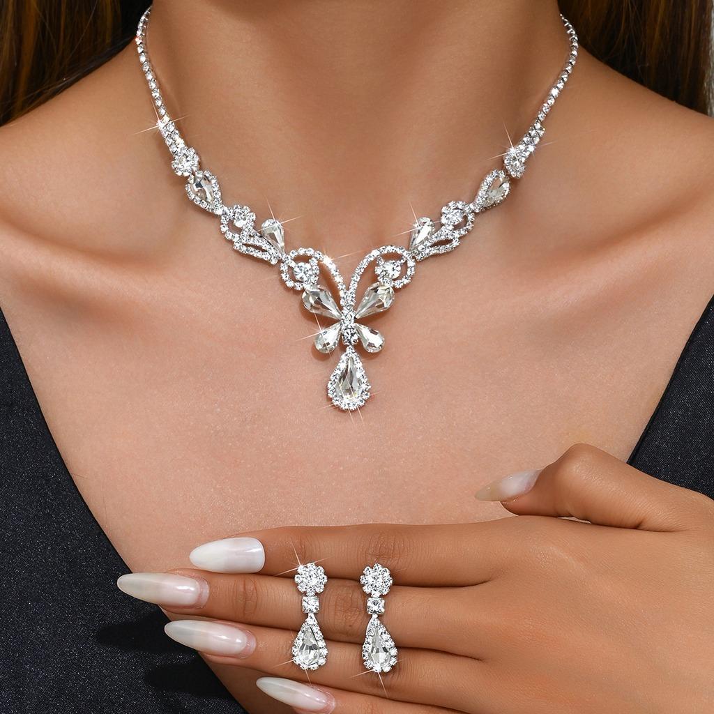 Bride Jewelry Set Adjustable Teardrop Pendant Necklace Drop Earrings Sparkling Butterfly Pendant Necklace For Galas Parties