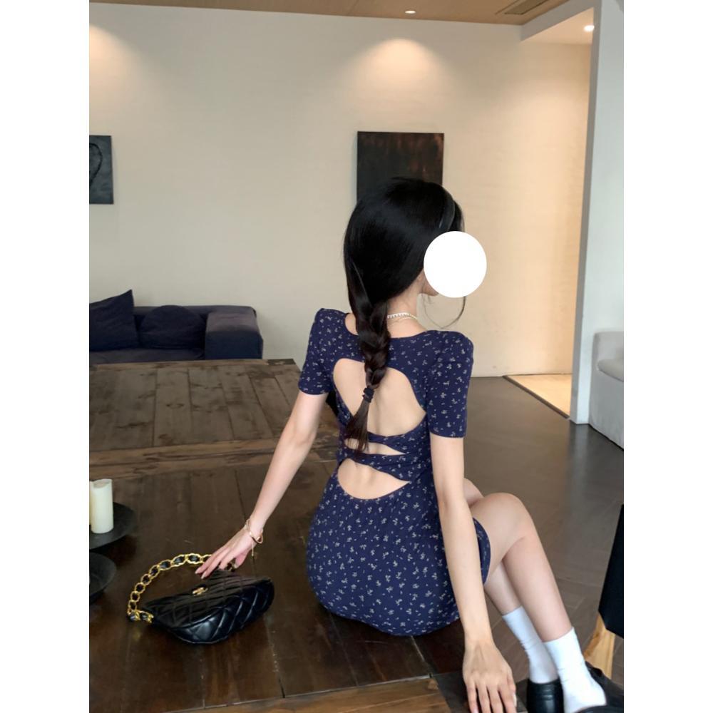 Hot girl floral back cutout dress women's new summer temperament women's hip short skirt