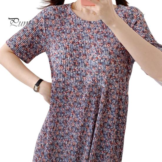 Summer Women Dress Small Flower Print Crew Neck Loose Short Sleeves Pleated Mid-calf Length Pullover Dating Shopping Midi Dress