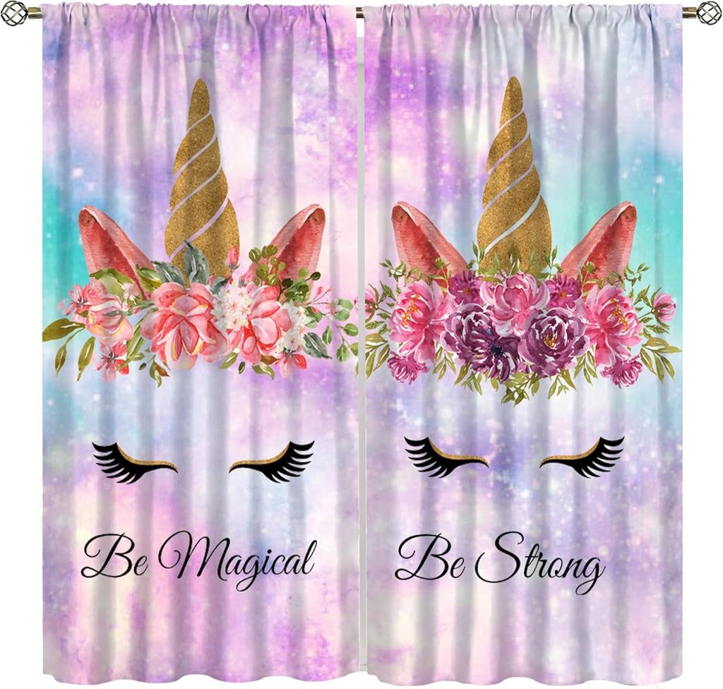 Unicorn Curtains Kids Room Colorful Cute Cartoon Rainbow Clouds Stars Print Window Treatments Drapes Curtain With Rod Pocket Polyester Perfect For