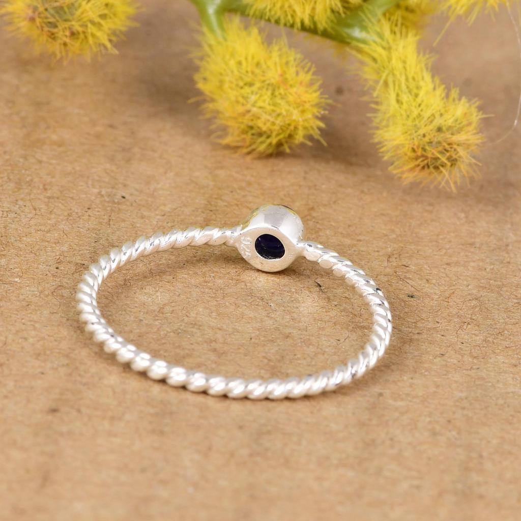 Natural Lapis Lazuli Ring, 925 Sterling Silver Ring, Minimalist Dainty Gemstone Ring Stackable Thin Twisted Band Handmade Jewelry Gift for Women