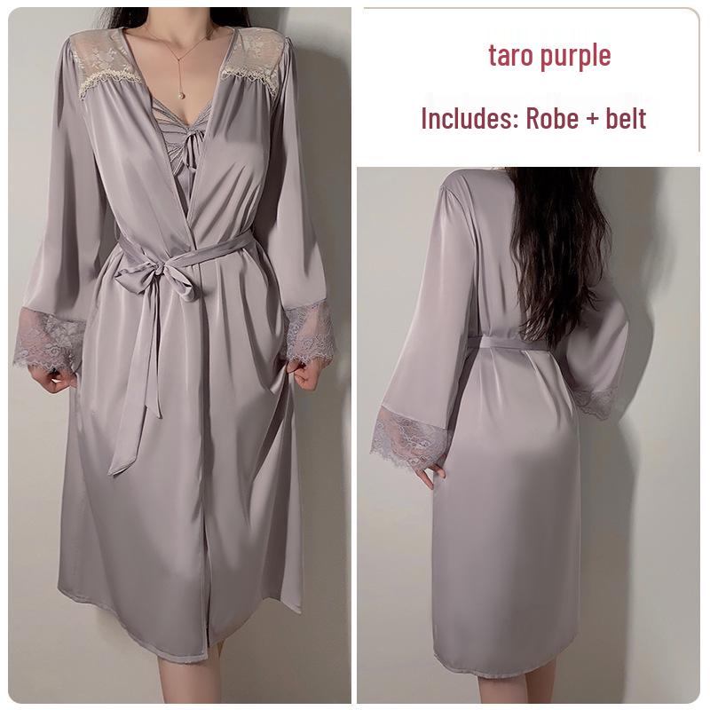 Silky Satin Lace Pajama Set with Chest Pad and Outer Robe - P4105