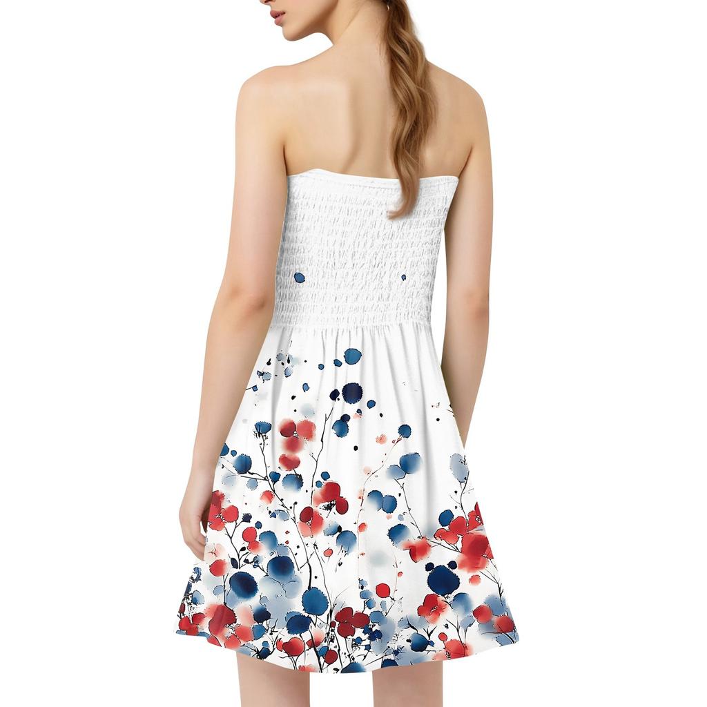 Moda Kadın Günlük Bandeau Çiçek Baskılı Kolsuz Elbise