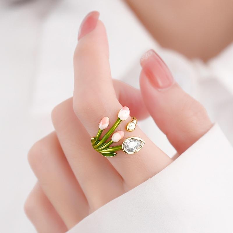 1PC Mori Small Fresh Tulip Ring Enamel Dripping Open Ring Light Luxury High Sense