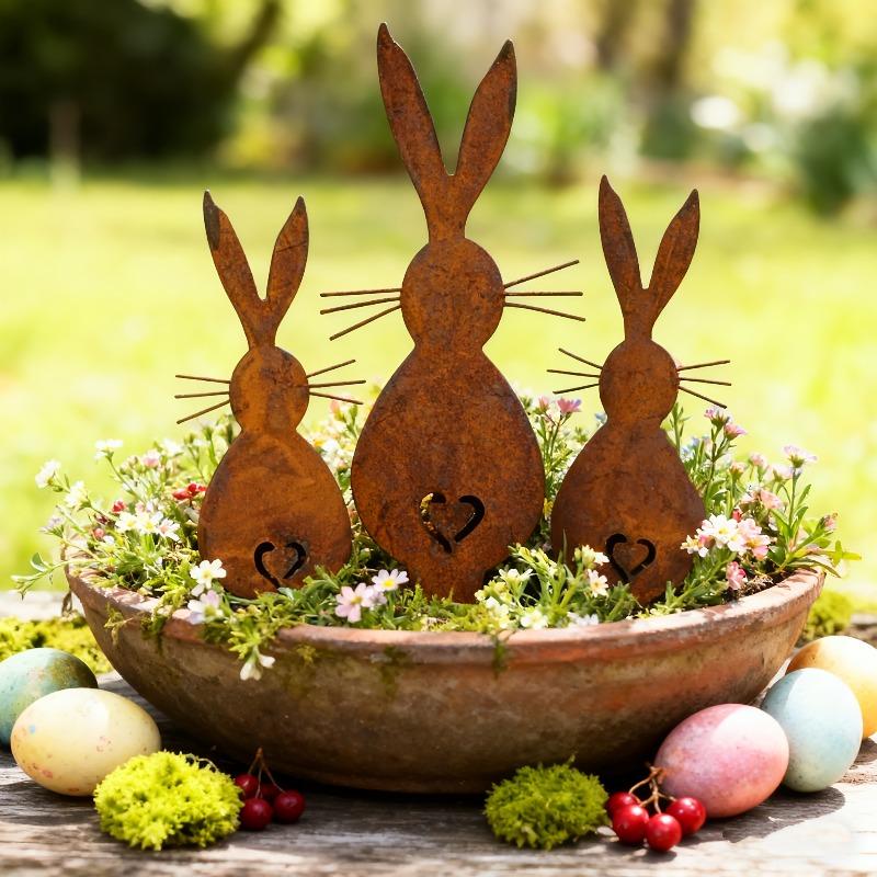 3pcs Rustic Acrylic Garden Decor Set Iron Outdoor Planters Bunny Floral Design with Hearts Holiday Celebrations