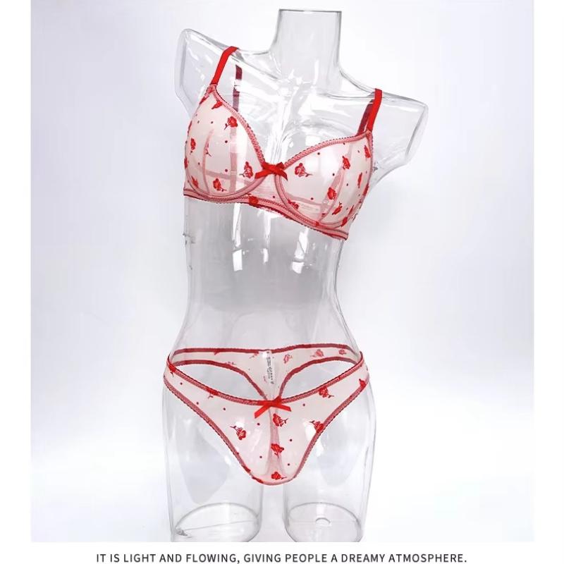 French Ultra Thin Women Underwear Set Sexy Flocking Push Up Bra Summer Ladies 6 Color Mesh Breathable Lingerie and Thong Sets
