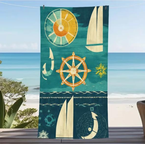 Asciugamano da Spiaggia Vintage Ruota Nautica & Stella Marina Grande Microfibra Senza Sabbia Asciugatura Rapida per Vacanze Estive Asciugamano da Spiaggia