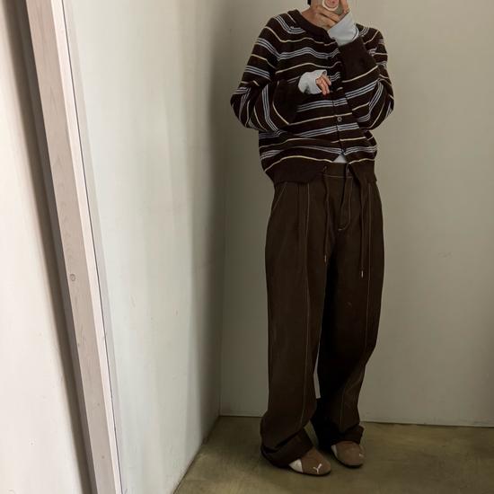 L-Stitch PTL Waist String Wide Side Slit Volume Pants 2 Colors