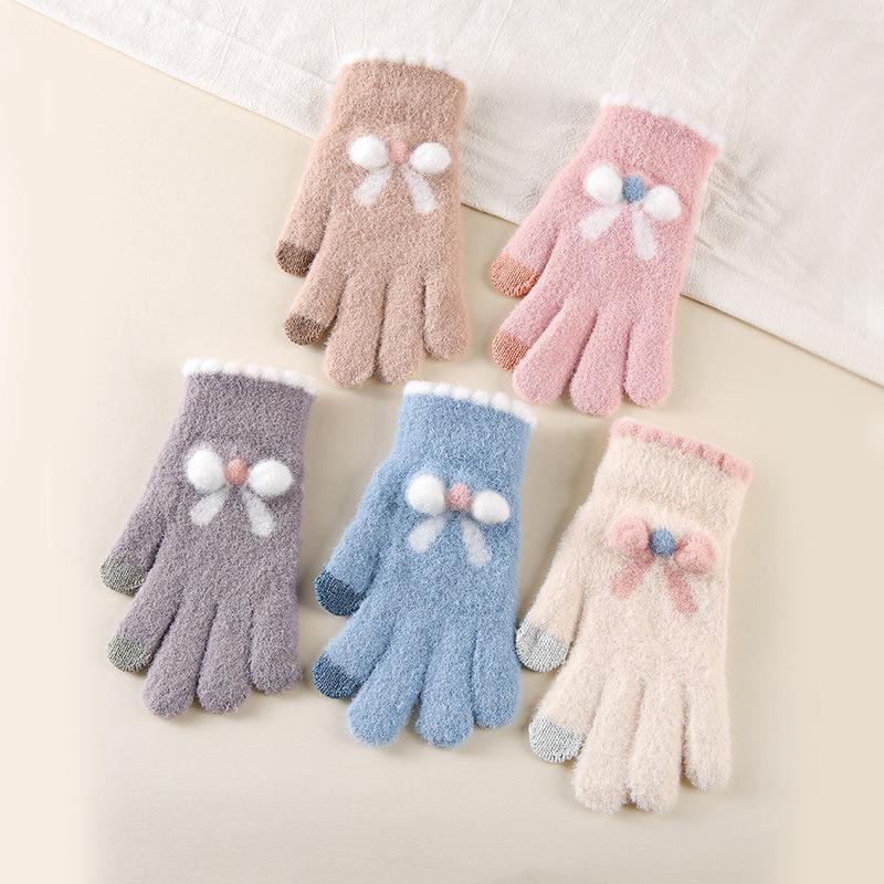 Damehansker i ull med sløyfe og berøringsskjerm - Varme, strikkede, søte, femfingrede, ideelle for sykling om høsten/vinteren og studenter.