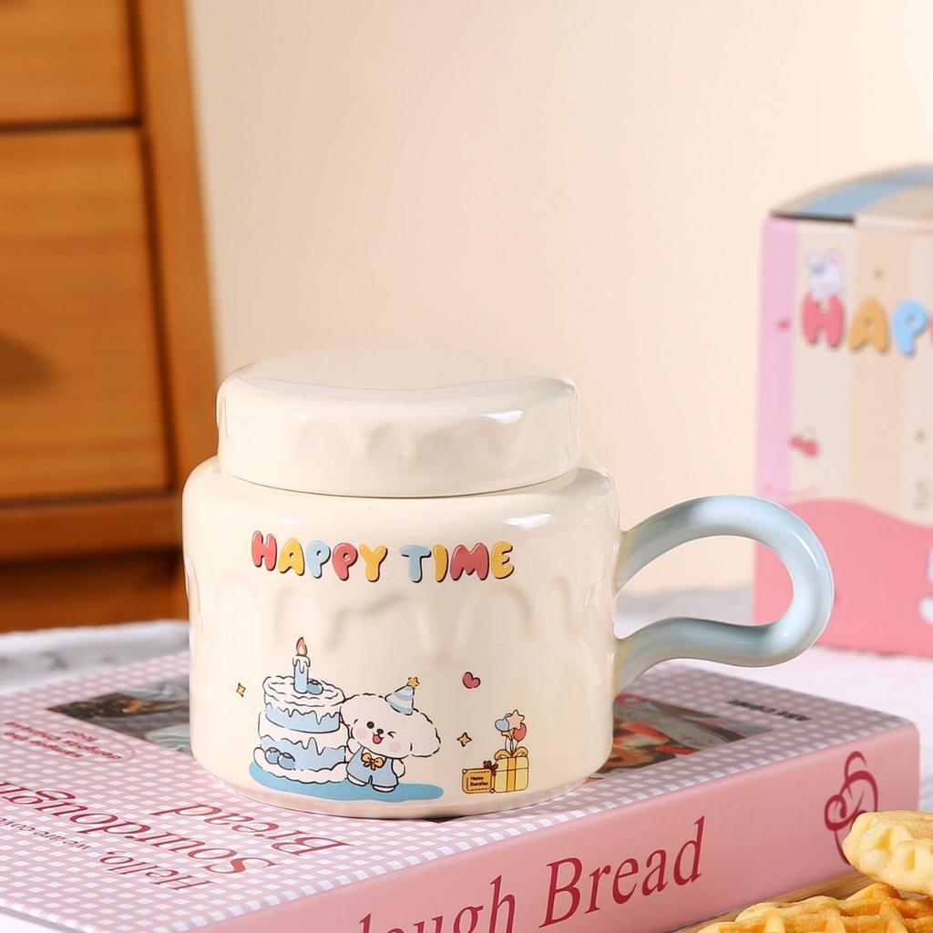 Birthday Gift Cartoon Mug with Lid Creative Ceramic Drinking Cup for Girls Office Household Milk Breakfast Cup