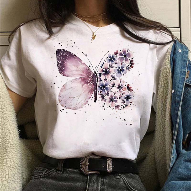 New Love Heart Dragonfly Print Women T-Shirt Fashion Casual Short Sleeves Ladies O-Collar T Shirts Streetwear Graphic Print Tops