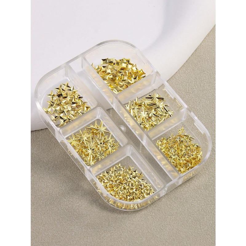 6 Grids/box 3D Star, Pentagon, Gold Color Metal Nail Art Decorations Cross Star, Y2K Nail Jewelry, DIY Nail Charms Nail Art Supplies