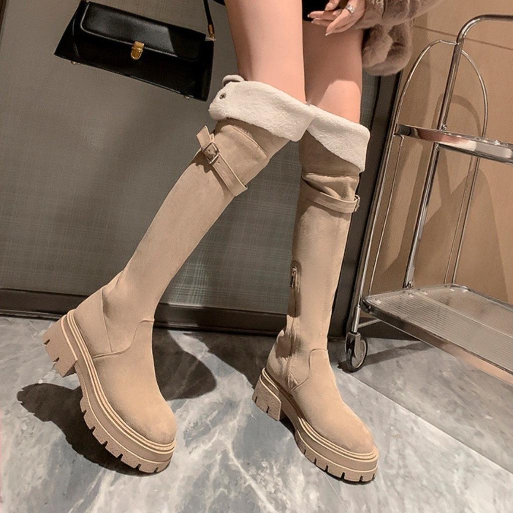 Lapel two wear autumn and winter new knee boots women's snow boots fleece thickened large tube circumference to keep warm