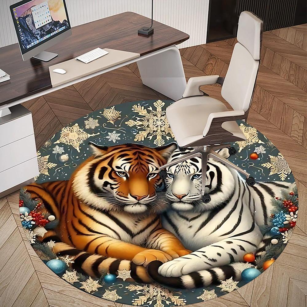 1pc Tiger Snowflake Round Chair mat office Area Rug - Non-Slip, Floor Mat for Office, Bedroom, and Indoor Decor p127010