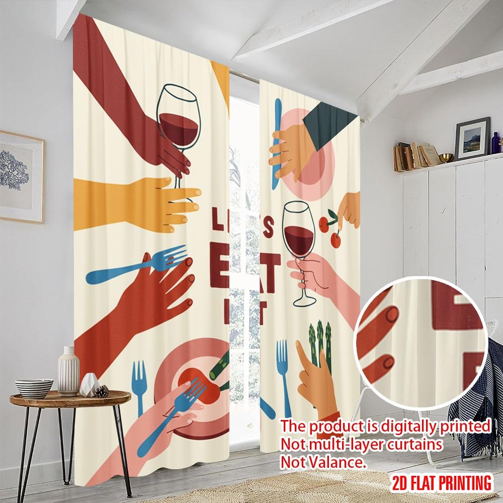 2pcs 2D flat printing Window Treatment Curtains LET'S EAT PEOPLE FOOD Polyester Fabric Without Electricity Festive Holiday Use