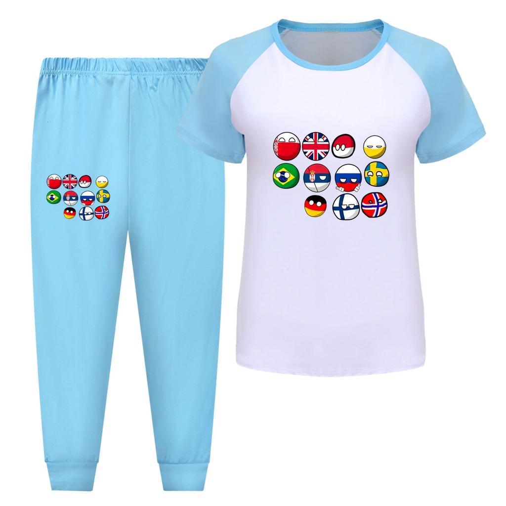 Polandball Dětský pyžamový set Kreslený potisk Countryball Dlouhý/Krátký rukáv Horní díl Dlouhé kalhoty Dětské oblečení na spaní 2 ks Domácí oblečení