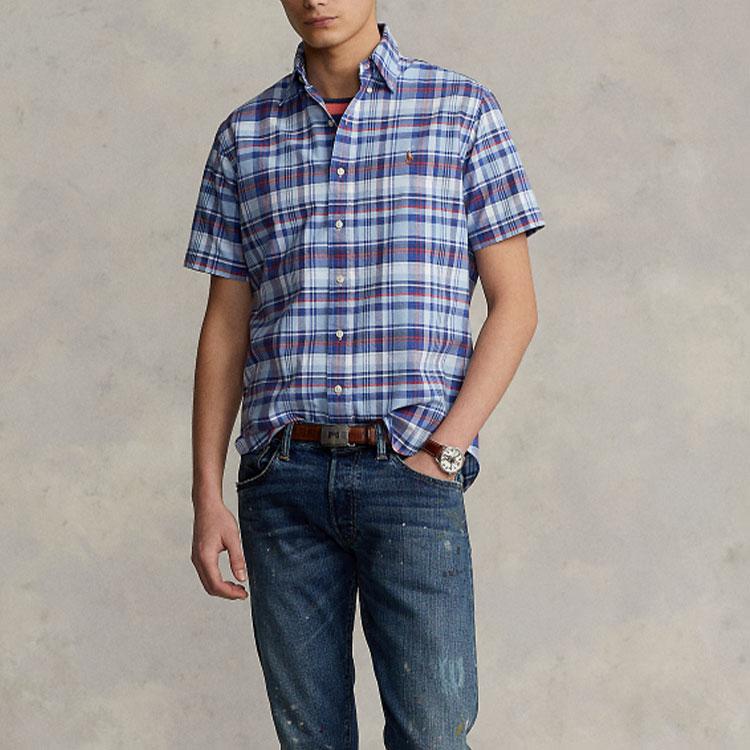 Polo Ralph Lauren FW22 Logo Embroidered Plaid Button-Up Short Sleeve Shirt Men shirts Blue MNPOWOV1N820553-999