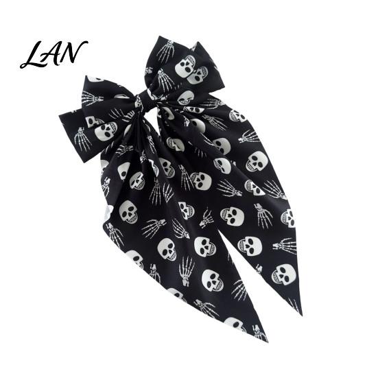 Bow Hairpin for Halloween Spring Hair Clips Women, Pumpkin Skeleton Ghost Hand Printed Festive Accessory Fabric Barrettes, Cute Horror Accessories