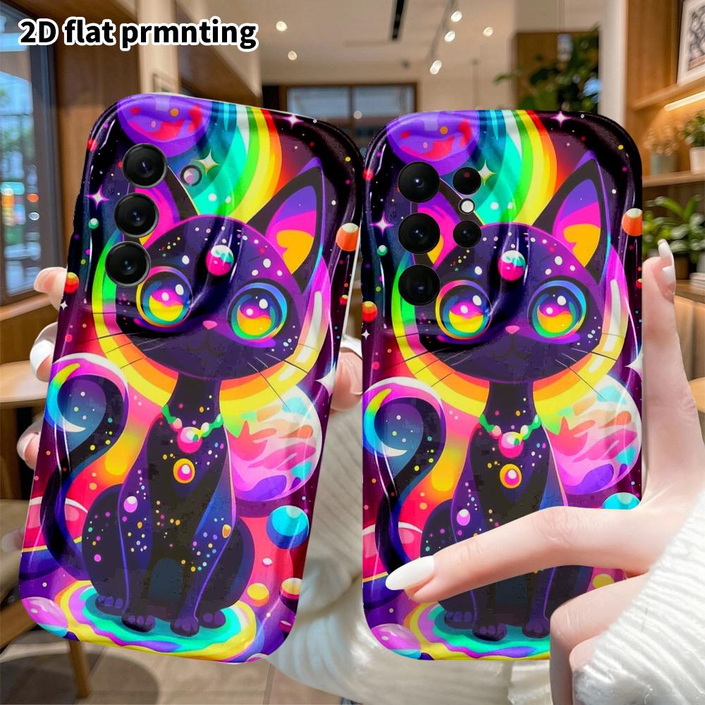 Phone Case: 2D flat, suitable for Samsung Galaxy A34 A35 M05 M06 S20 S22 S21 FE Plus 5G protective case, neon little black cat, perfect holiday gift f