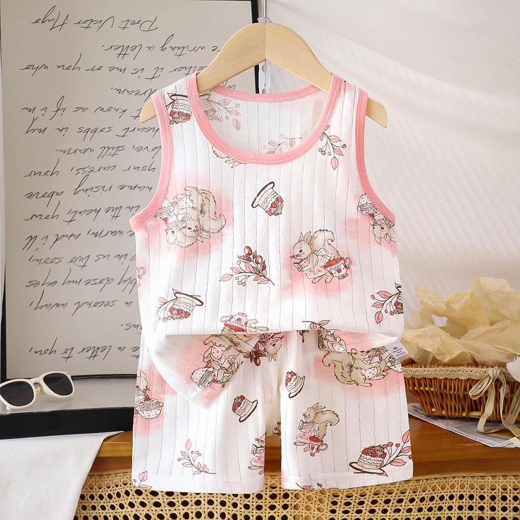 2026 Summer Children O-Neck Sleeveless Vest Suits Baby Spring Short Pants Two-pieces Set Cartoon Cotton Suit for Girl Boy