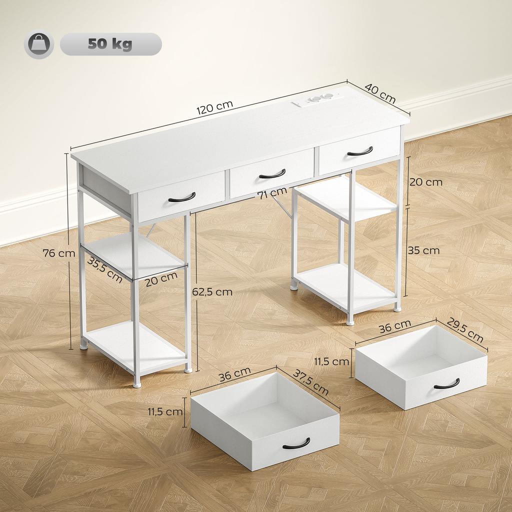 Desk Kitchen Table with 2 USB Charging Ports 2 Power Outlets Adjustable Shelves 3 Fabric Drawers 120x40x76 cm White