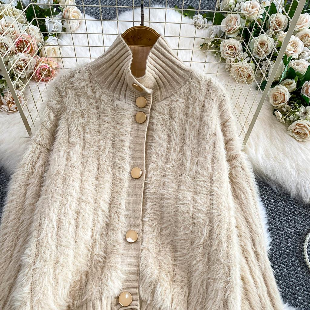 Autumn Winter Women Casual Turtleneck Single Breasted Furry Mohair Knitted Sweater Cardigans Tops Jacket Coat