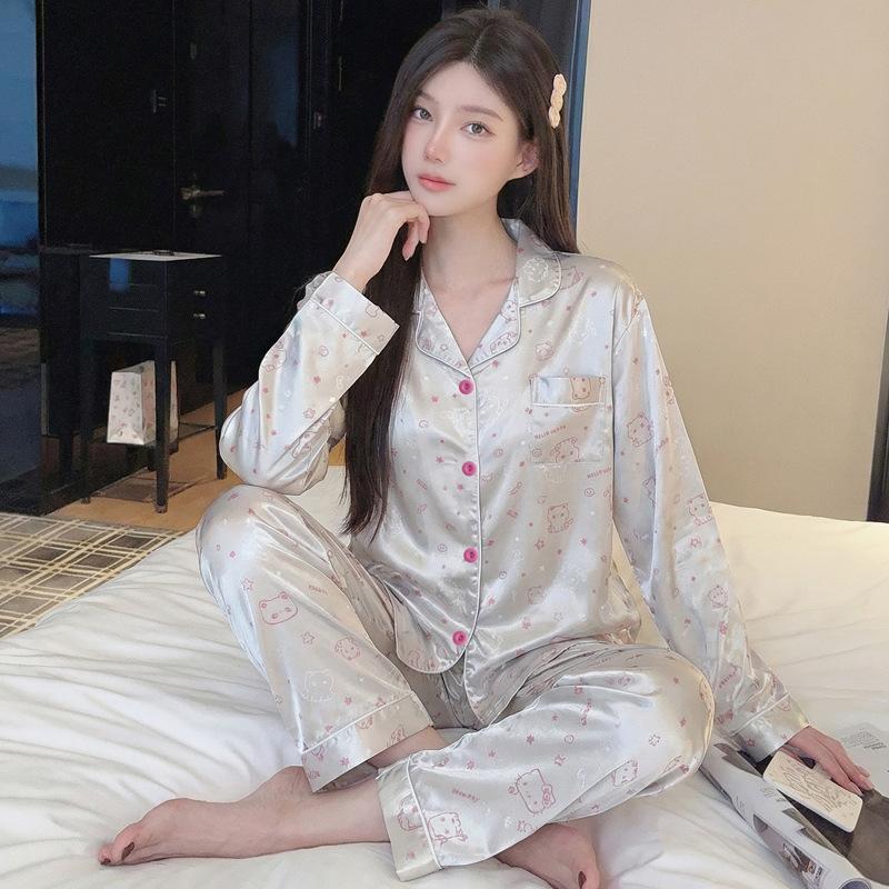 Ice Silk Pajamas Women'S Spring And Summer Thin Long-Sleeved Trousers Fashion Cool Cardigan Loungewear Suit Can Be Worn Outside
