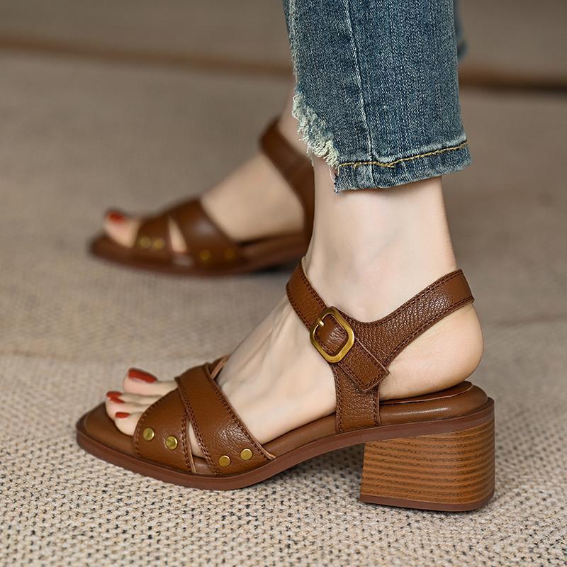 French Mid-heel Open-toe Sandals for Women's 2025 New Summer Fashion Cross-strap Commuting Chunk-heeled Anti-slip Women's Shoes