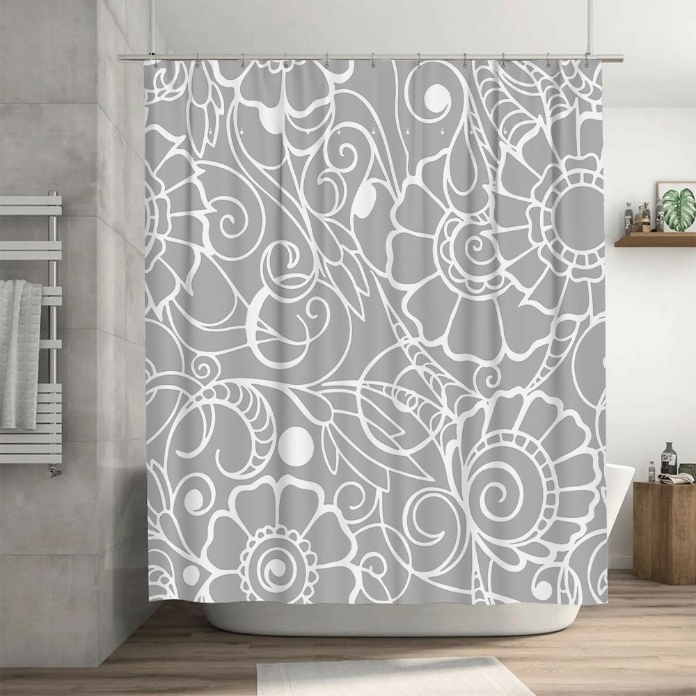 Grey White Floral Shower Curtain Decorative Bathroom Waterproof Fabric 3D Printing for Home Bath Tub Accessories Set with Rings