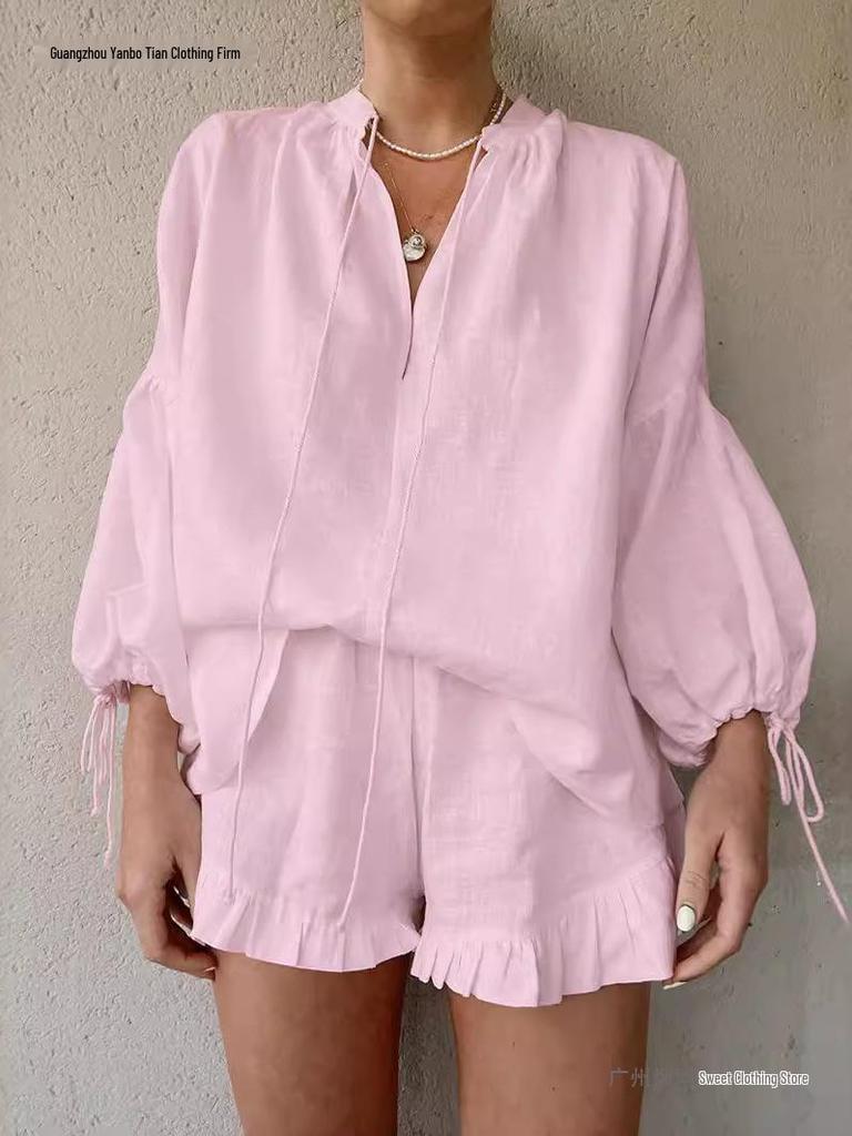 Chic Cotton-Linen Two-Piece Set: V-Neck Lantern Sleeve Top & High-Waist Shorts