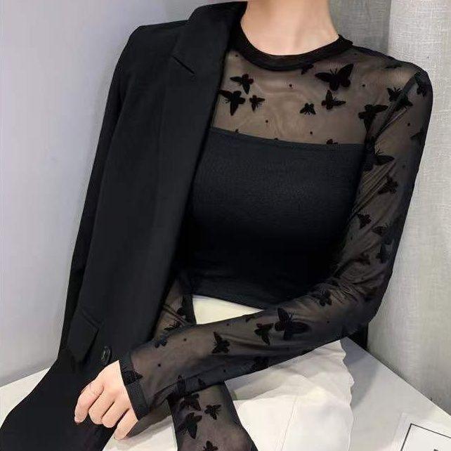 Round Neck Mesh Patchwork Sunscreen Base Shirt Long Sleeved Lace Slim Fit T-shirt