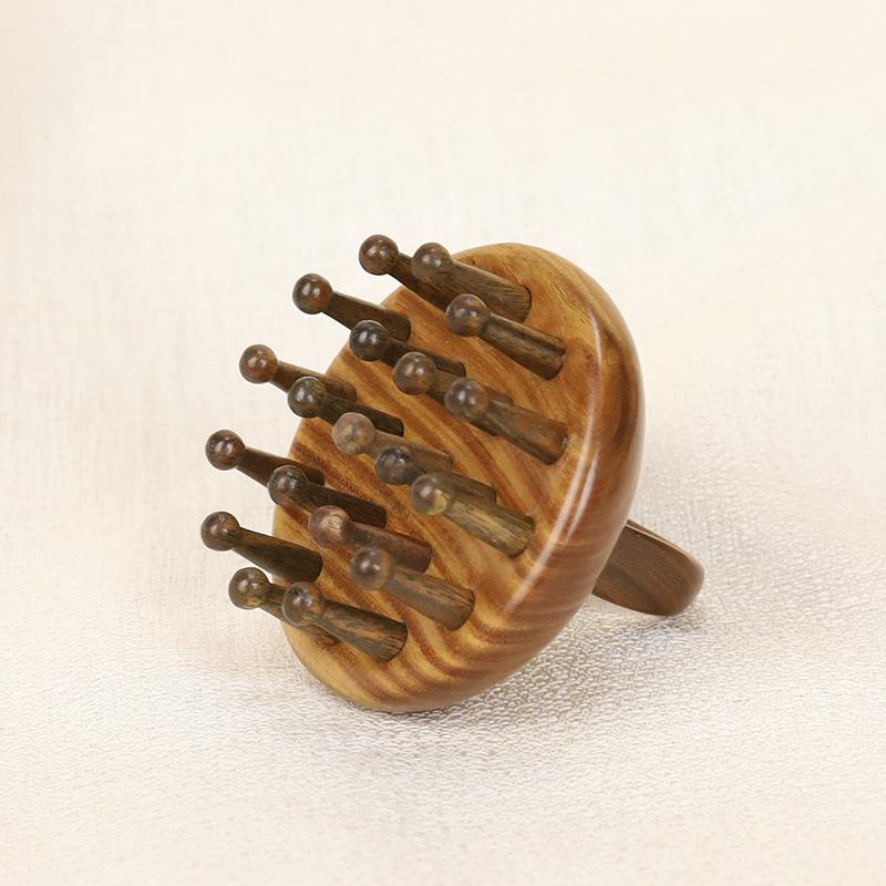 Green Sandalwood Horn Massage Comb - 28 Pin Round Disc Finger Ring for Scalp Massage & Hair Care Comb