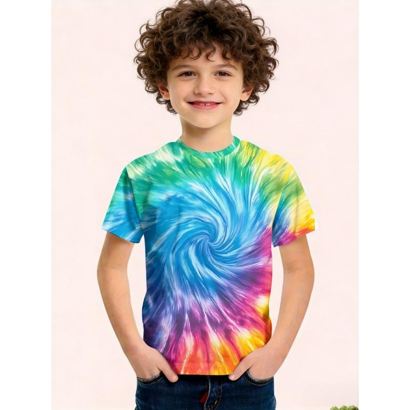 Children's Clothing Boys Spiral Tie-Dye Short Sleeve Rainbow Swirl Print Round Neck Top Summer Casual Erano Colorido Boy Clothes