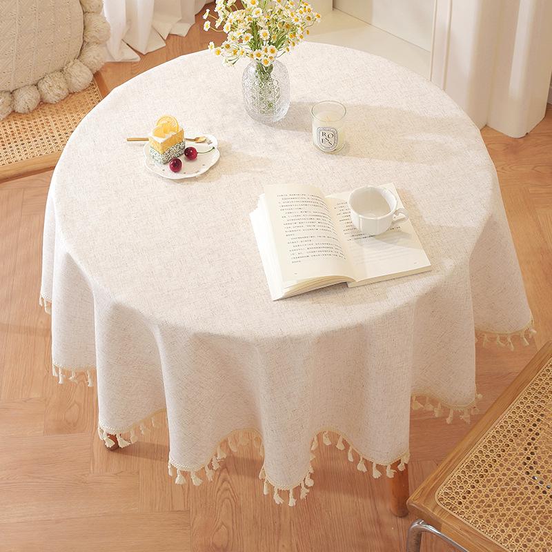 Nordic Solid Color Bamboo Hemp Tassel Round Tablecloth – Cotton Linen 90cm Round