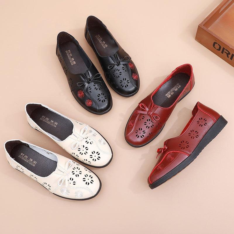 New shoes spring single shoes non-slip soft sole hollow leather shoes comfortable flat bottom old man hole middle old woman shoes