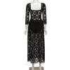 Sexy Backless Long Split Lace Dress for Women Square Collar Three Quarter Sleeve Summer Solid Dress