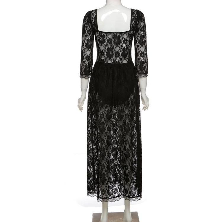 Sexy Backless Long Split Lace Dress for Women Square Collar Three Quarter Sleeve Summer Solid Dress