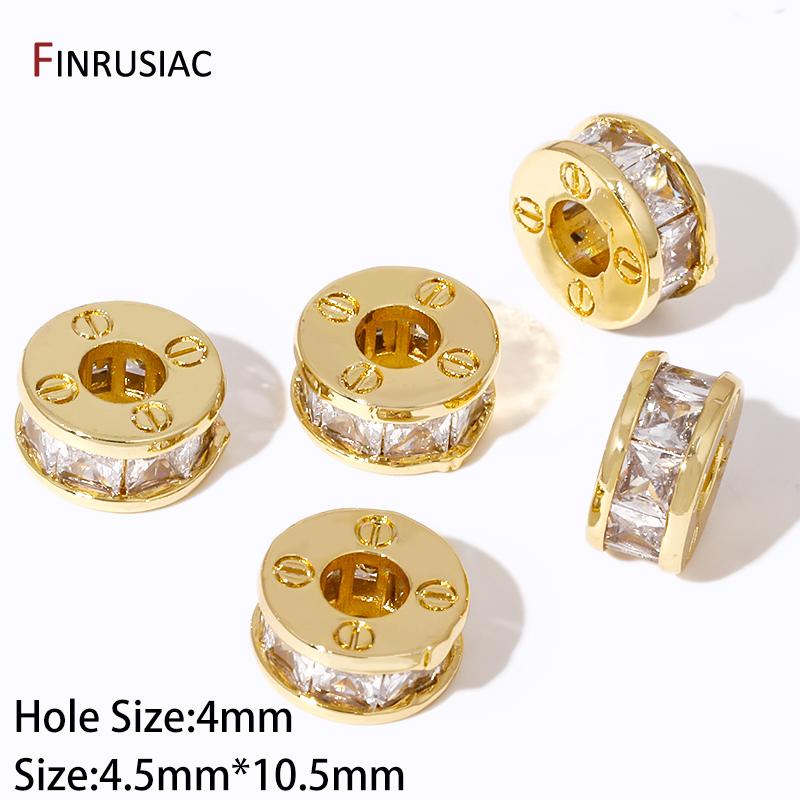 18K Gold Plated Brass Round Spacer Beads For Bracelet Making,Separators For Beads,Inlaid Zircon Flat Spacer Bead DIY Accessories 1 piece