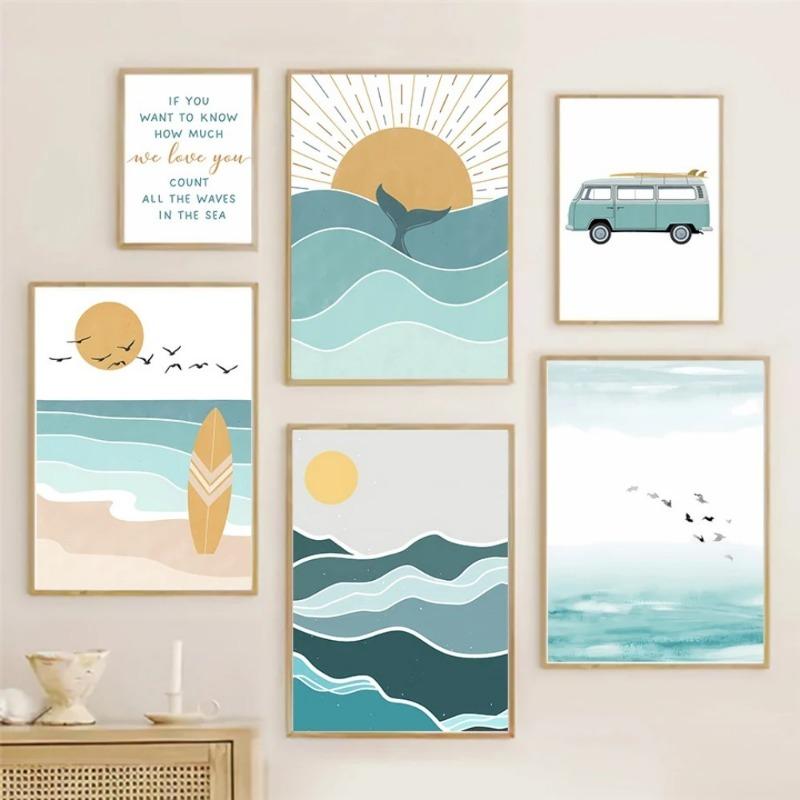 Abstrakte minimalistische Meer Strand Surfbrett Berg Poster Wandkunst Leinwandmalerei Wand für Wohnzimmerdekor