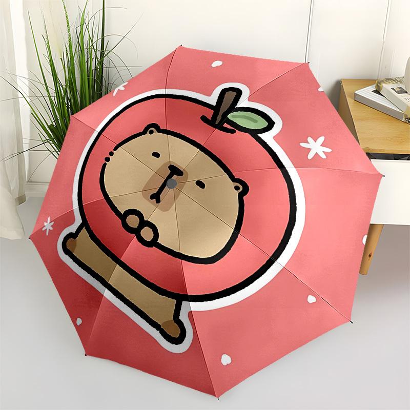 1pc Apple Cute Capybara Automatic Folding Umbrella, Portable Collapsible Design, 8-Rib Iron Frame, Outdoor Accessory yy250905099