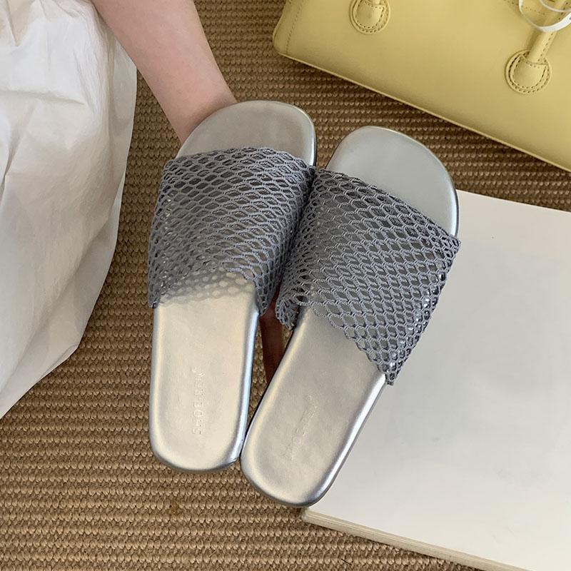 Fashion Luxury Fashion Mesh Breathable Ladies Flats Slippers Shoes New In Summer Beach Slides Women Flats Slippers Female Sandals Shoes