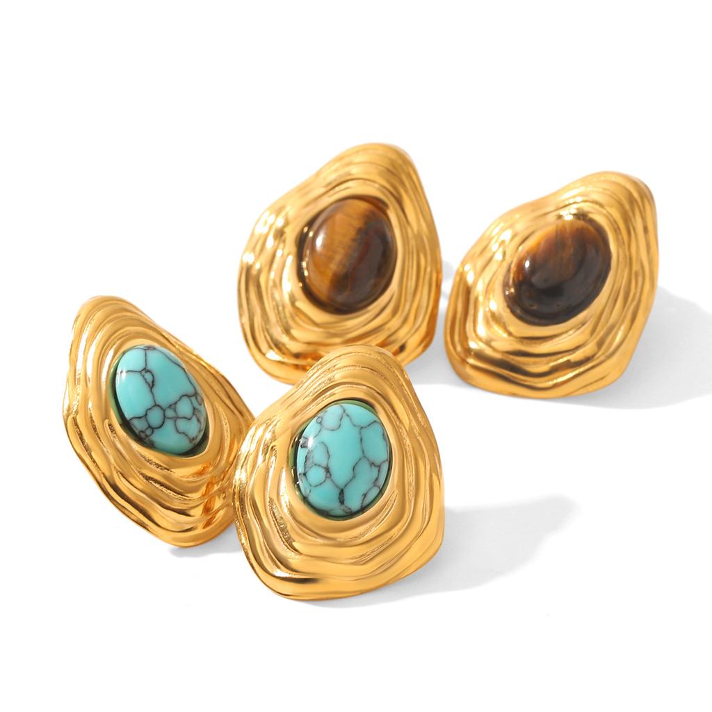 Retro Stainless Steel Earrings for Women, Tiger Eye Ear Jewelry, Niche High-end Turquoise Titanium Steel Studs, Fade-resistant