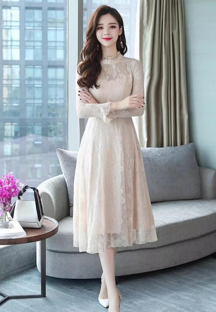 MATSUMIZUYU Lace Long Flare Dress with Long High and Lined for and and Fall Women's Sleeves, Sheer, Cute, Waist, Slimming, Stylish, Parties, Weddings,