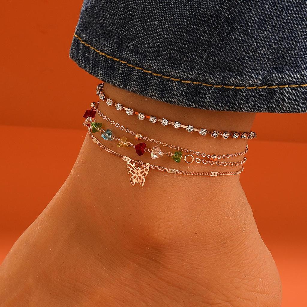 European & American Retro Letter Butterfly Pendant Multi-Layer Beach Anklet Set