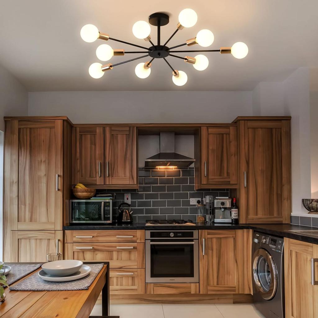 Modern Flush Mount Ceiling Light Metal Art Industrial Ceiling 10 Lights Black Sputnik Painted Finish Chandelier for Kitchen Farmhouse Living Room