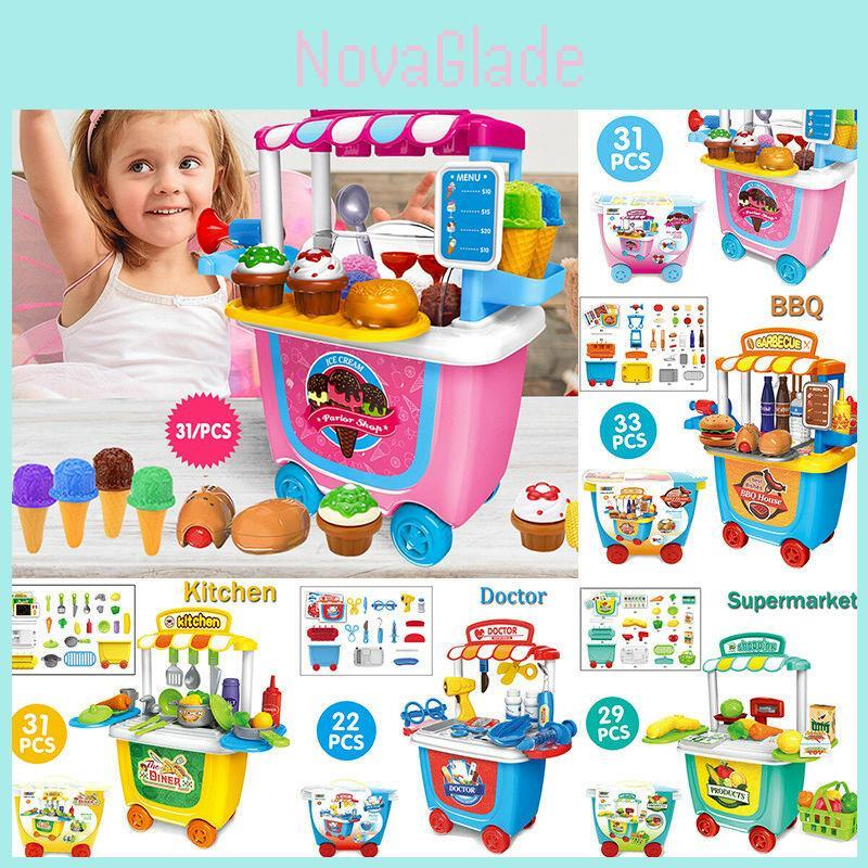 Cute Simulation Kids Ice Cream Shop Kitchen Cart Pretend Toy Set Role Play Gift