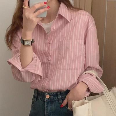 2024 French Style Blue & Pink Striped Long-Sleeve Shirt - Niche Casual Design